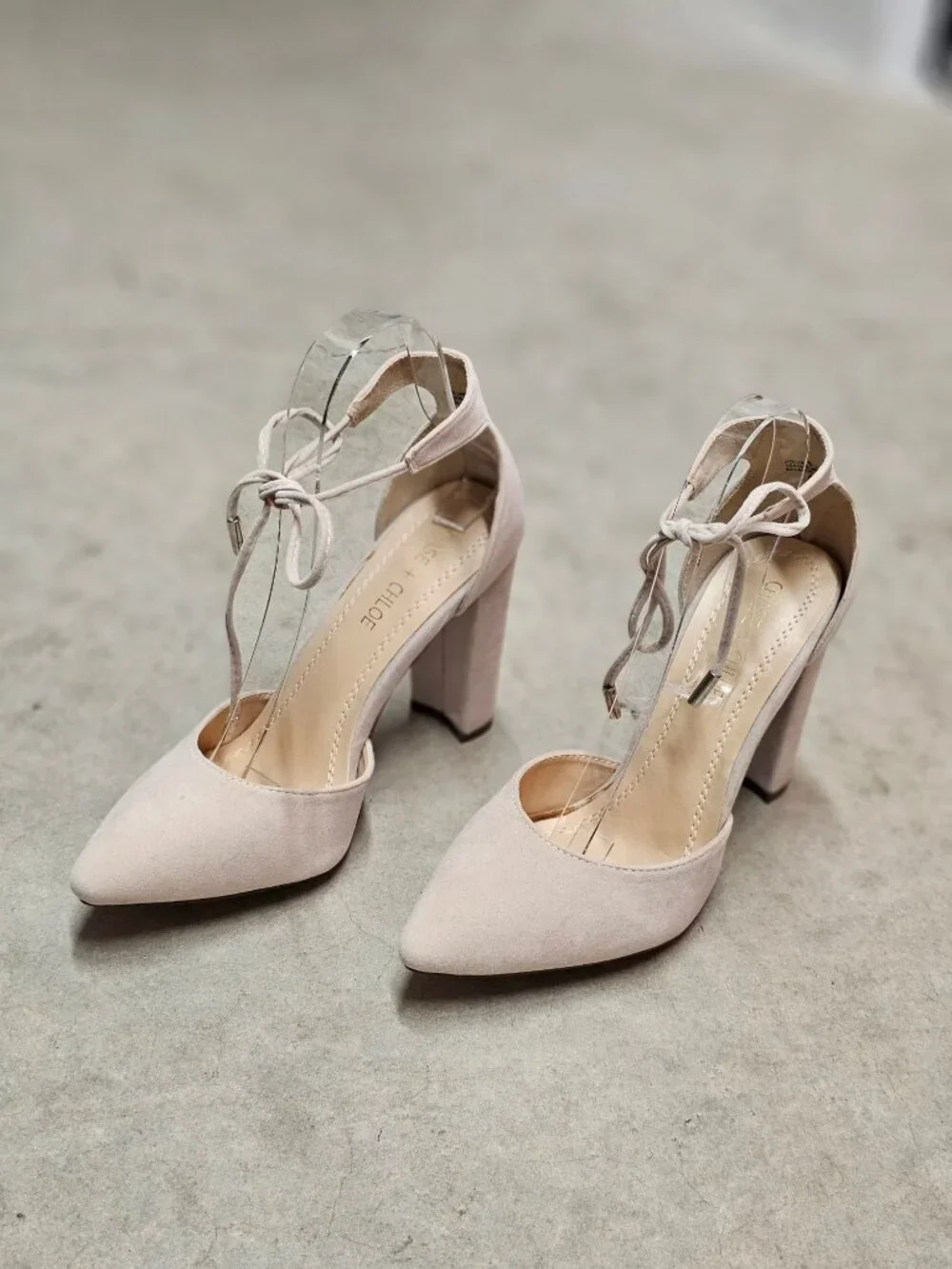Ankle Strap Block Heel Suede Pumps In Nude Beige For Women